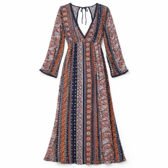 Boho Paisley Maxi Dress Long Sleeve Festival Bohemian Large - Picture 1 of 15